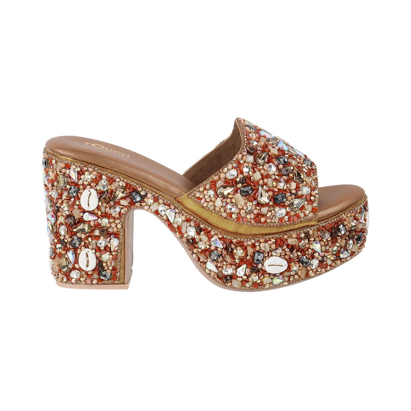 Glamorous peach-colored bridal open-toe sandal with vibrant, sparkling crystal embellishments on a chunky high heel from the Touch Heel footwear collection.