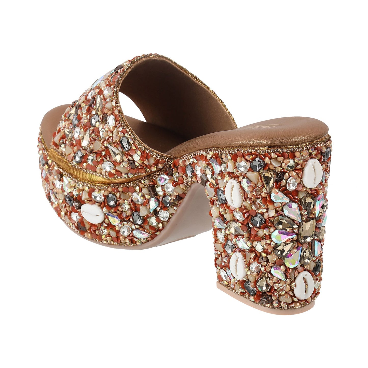 Peach-colored bridal open-toe sandals with intricate rhinestone and crystal embellishments on the platforms and heels. The decorative elements create a sparkling, glamorous effect for this elegant footwear from the Touch Heel brand.