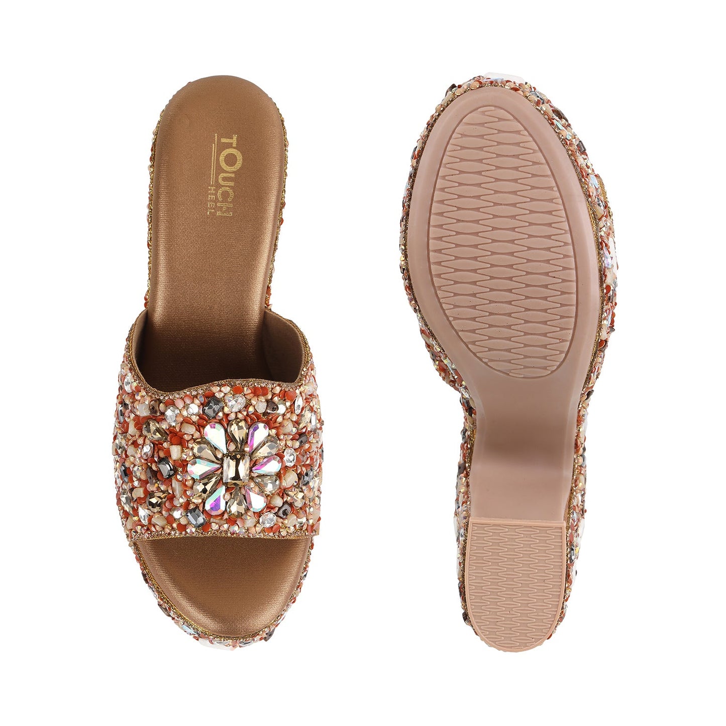 Peach Bridal Open Toe Sandal with Rhinestone Embellishments, Touch Heel Brand