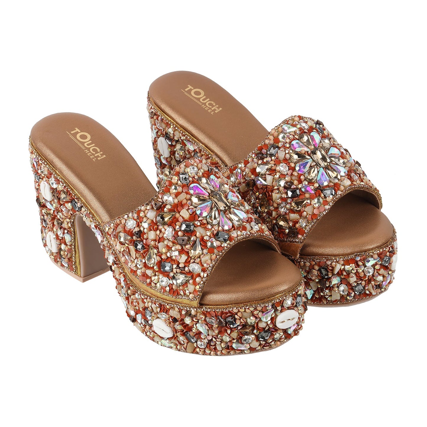 Peach Bridal Open Toe Sandal from Touch Heel, featuring a vibrant array of sparkling crystals and rhinestones adorning the platform and chunky heel, adding a touch of glamour and elegance to any occasion.