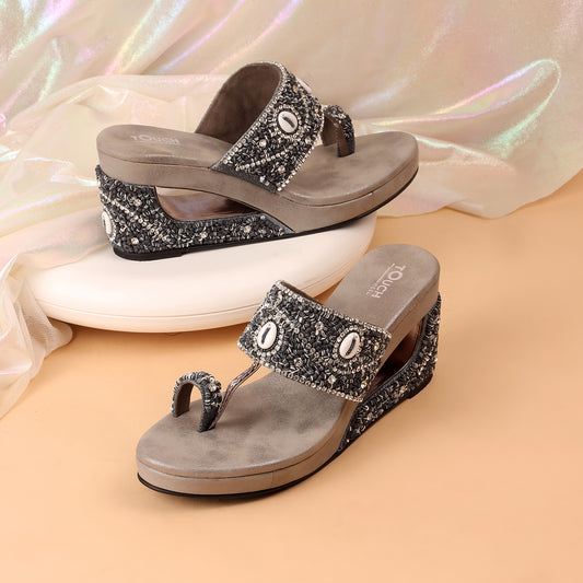 Touch Heel Grey Wedding Wedge Heel Sandal For Women For Women