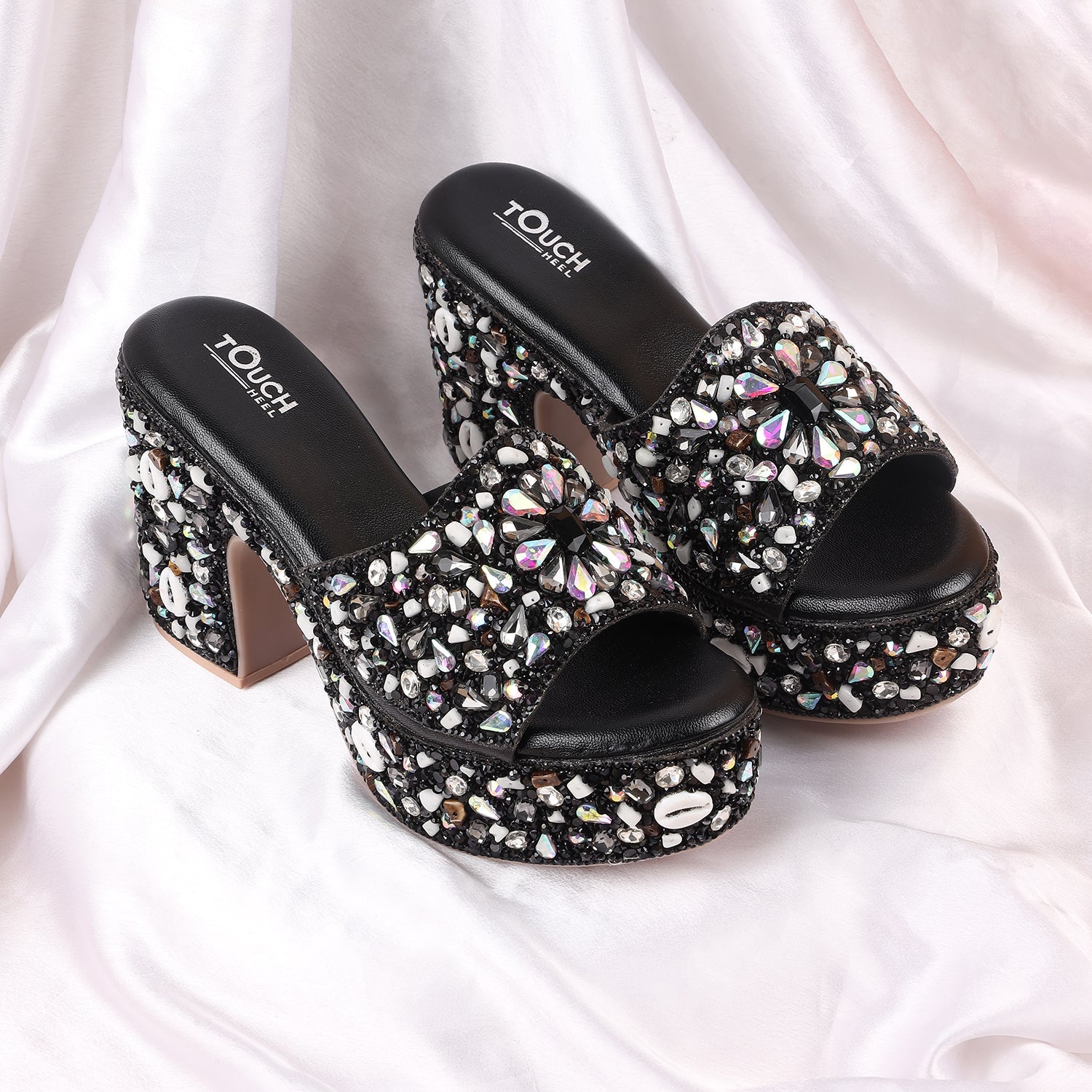 Peach Bridal Open Toe Sandal
Sparkling rhinestone-embellished black platform sandals from the Touch Heel footwear collection.