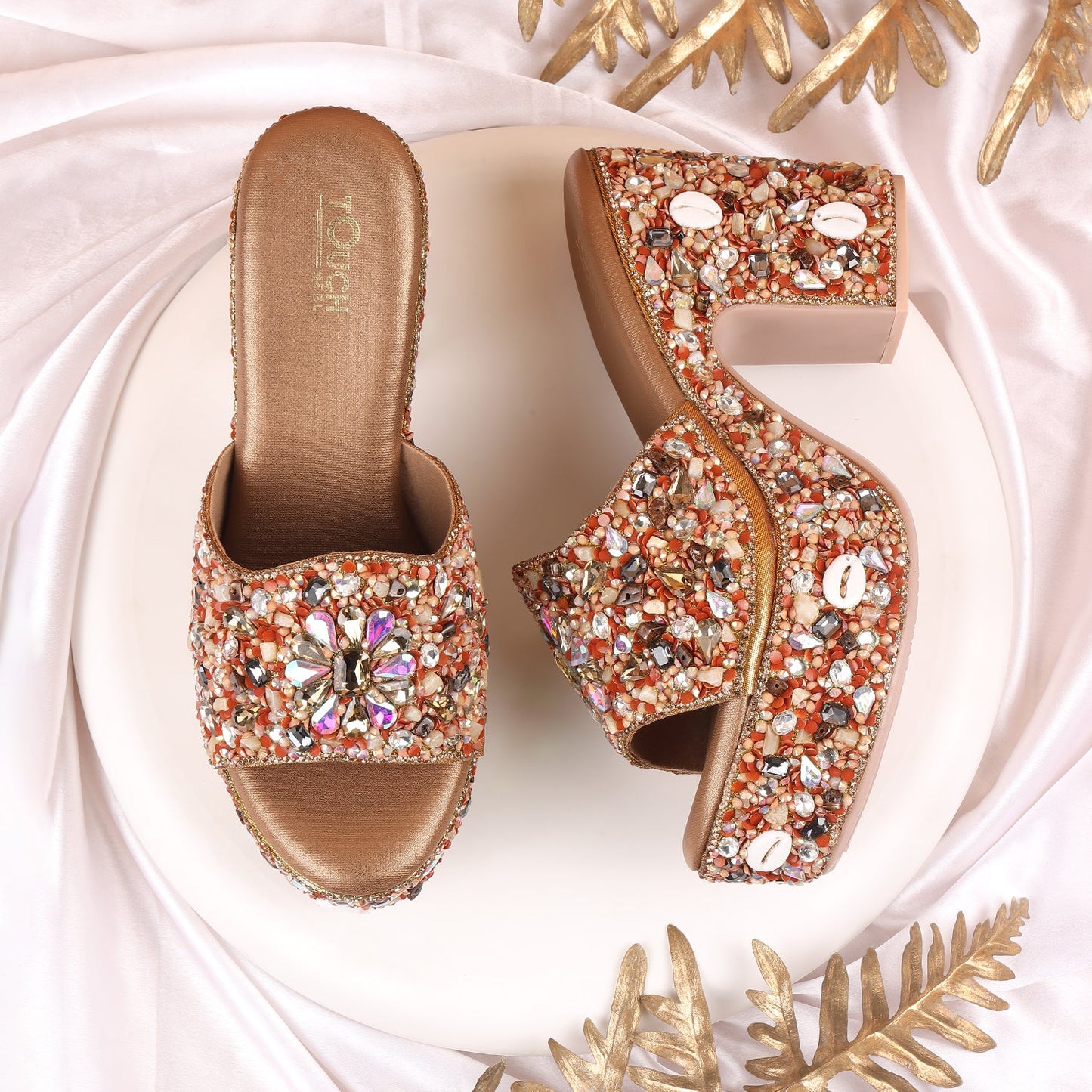 Peach Bridal Open Toe Sandal by Touch Heel - Glamorous platform slides adorned with sparkling crystals, perfect for bridal or special occasions.