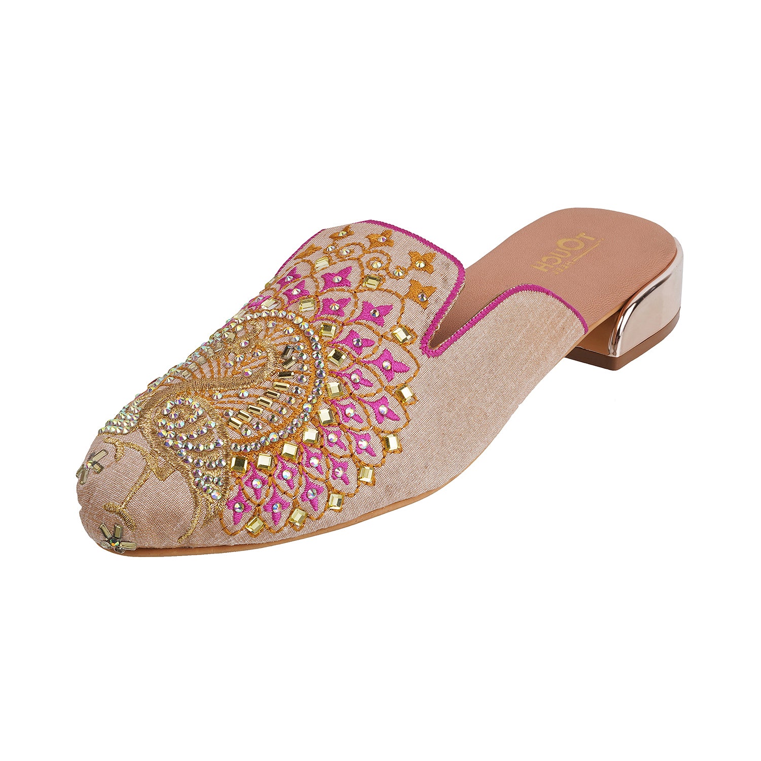 Peacock Embroidery Mule Jutti - Colorful embroidered footwear with intricate floral and peacock designs in shades of pink, gold, and brown.