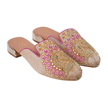 Peacock Embroidery Mule Jutti - Elegant embroidered slides with intricate peacock motif and gold embellishments.